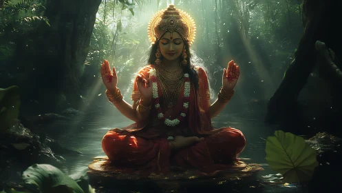 Divine goddess meditation in luminous jungle sanctuary.