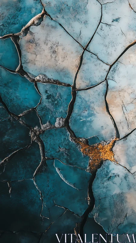 Cracked teal paint surface reveals warm rusted underlayer