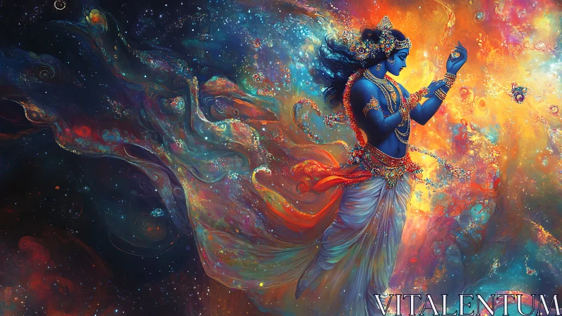 Cosmic blue deity traversing nebular fluid dynamics field.