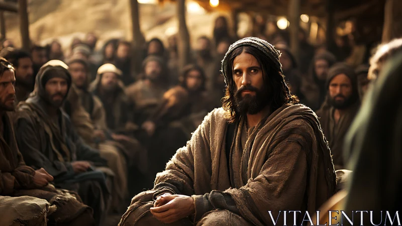 Biblical teacher seated among disciples in warm desert light.