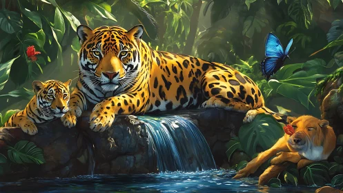 Jungle scene with adult jaguar, cub, and wildlife near waterfall