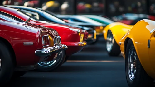 Vintage sports car lineup under soft cinematic sunset light.