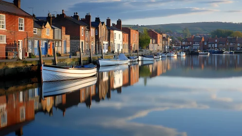 Harborfront village glows under soft golden evening light.