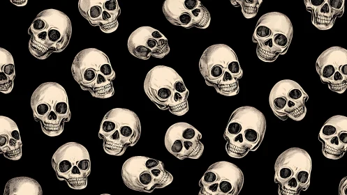 Illustrated human skull pattern on black seamless background.