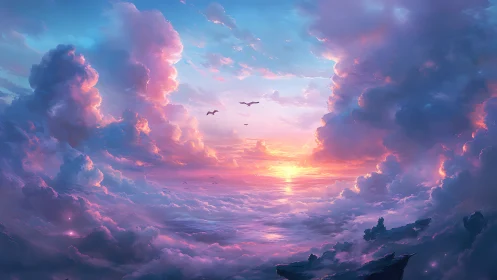 Sunset illuminates dense clouds above distant ocean horizon