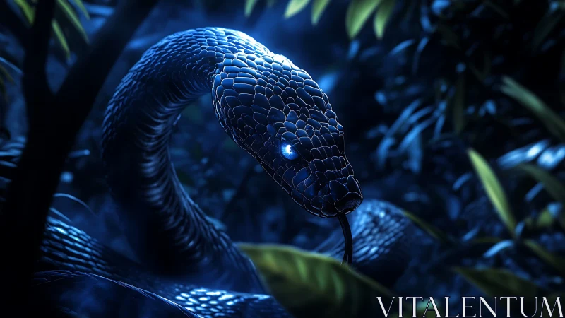 Bioluminescent serpent coils through nocturnal jungle undergrowth