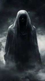 Shrouded skeletal wraith stands in mist with cinematic chiaroscuro