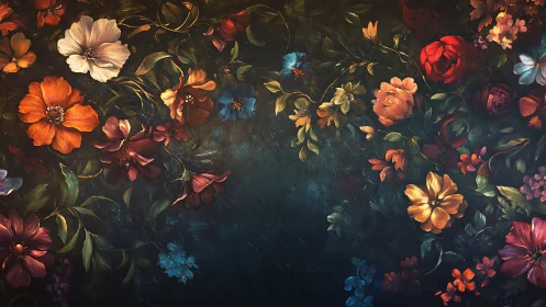 Botanical Still Life with Florals on Dark Background