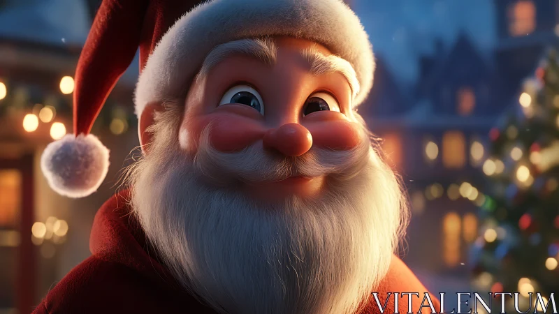 Jolly Santa’s cozy smile brightening a snowy Christmas night.