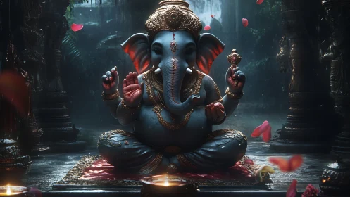 Divine blue Ganesha idol in ornate temple with falling petals.