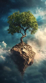 Lonely sky tree drifting gently above soft glowing clouds.