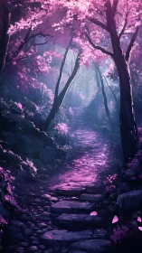 Enchanted Forest Path Through Glowing Pink Blossoms