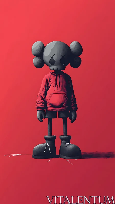 Brooding street toy stands alone in a crimson hush.