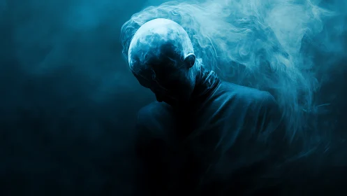Smoke-crowned silhouette bowed in blue nocturne haze.