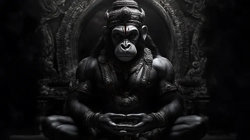 Simian humanoid figure sits frontally in ornate temple setting