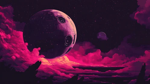 Neon dusk sphere drifts above a magenta storm sea of clouds.