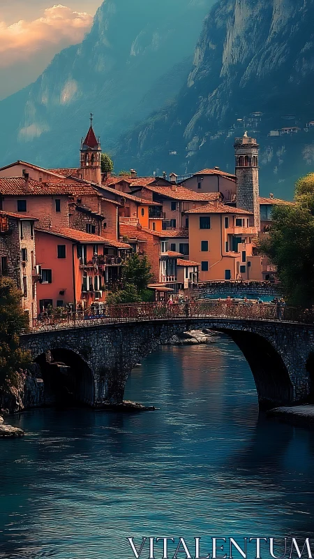 Sunlit Italian village hugs stone bridge and river gorge.