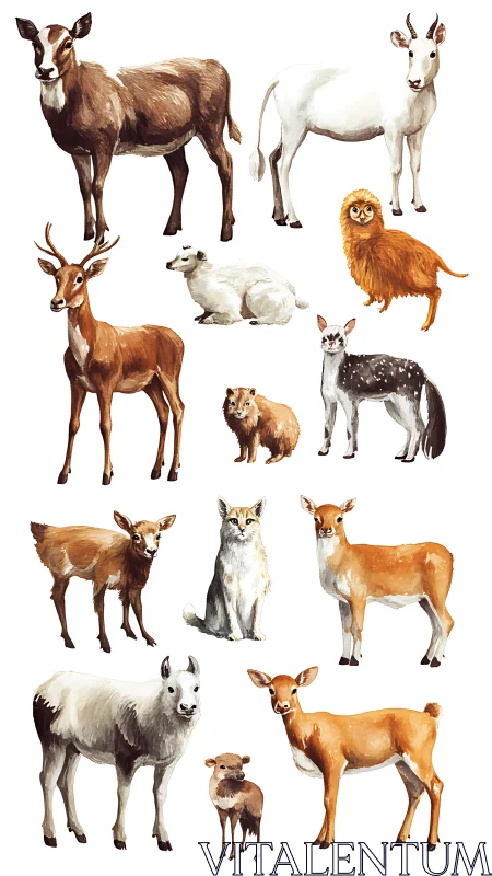 Wild ungulate character sheet rendered in loose digital watercolor