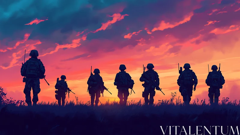 Silhouetted soldiers walking across field at sunset horizon.