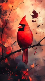 Scarlet cardinal lingers like a quiet ember in autumn storm