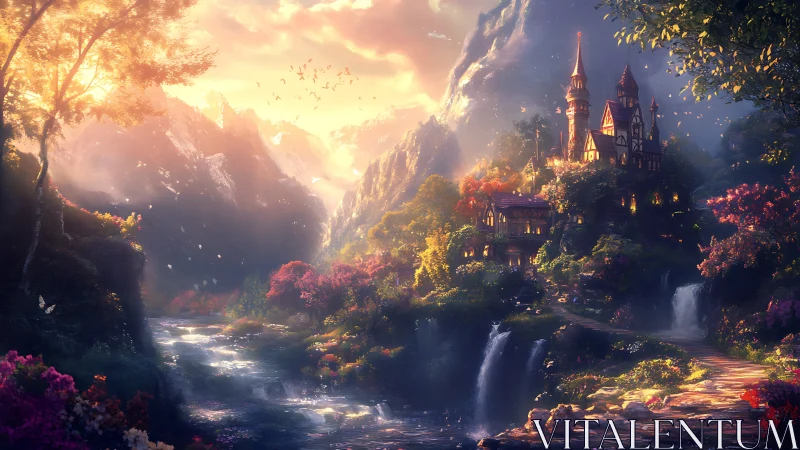 Sunlit fantasy castle overlooks glowing valley waterfalls