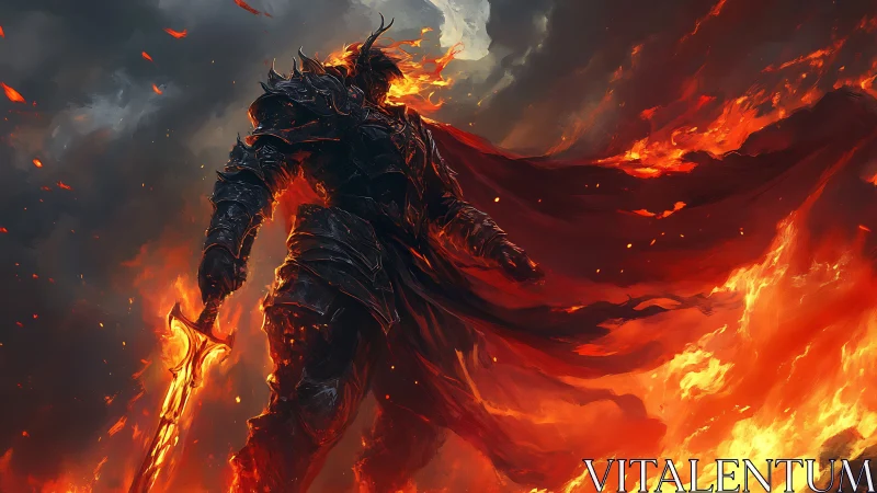 Armored figure with flaming sword in extensive firestorm.