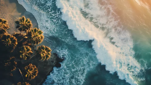 Golden sunset light washes over palm-fringed surfline.