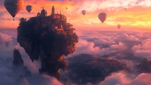 Sunset city in the clouds with drifting hot air balloons.