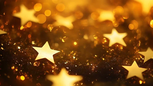 Photorealistic golden star bokeh with shallow depth of field.