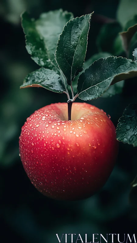 Morning-kissed red apple glows softly on a leafy branch
