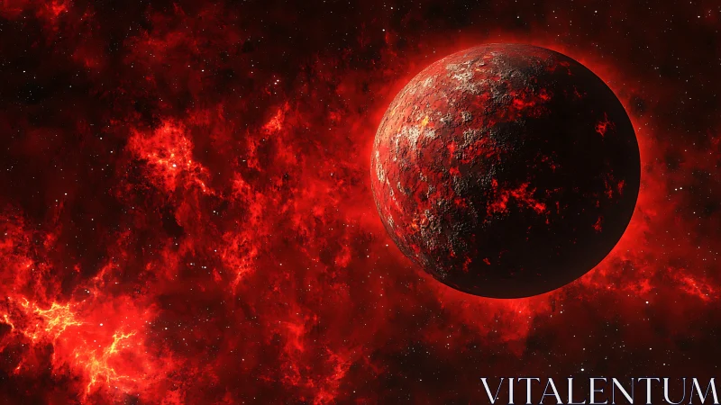 Burning red planet in hostile glowing nebula space field.