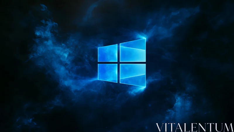 Glowing window icon floats in blue digital nebula field