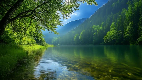 Lush mountain lake shoreline under radiant emerald light.