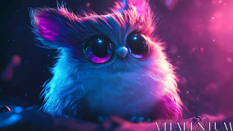 Neon-illuminated fluffy creature with oversized reflective eyes.