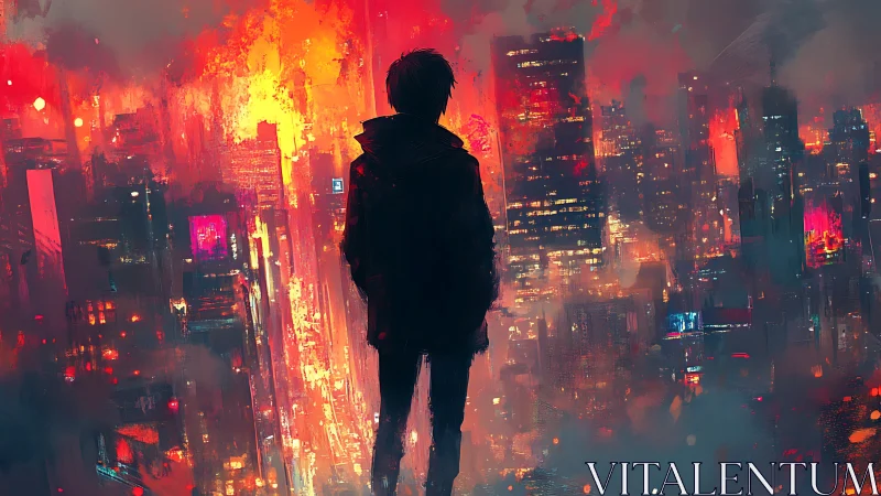 Lone silhouette drinks in a neon city drowned in fire