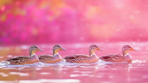 Four dreamy ducks glide in sync across cotton-candy water