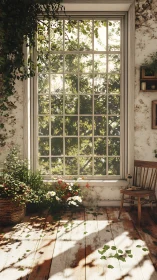 Sun-soaked garden window where leaflight drifts indoors.