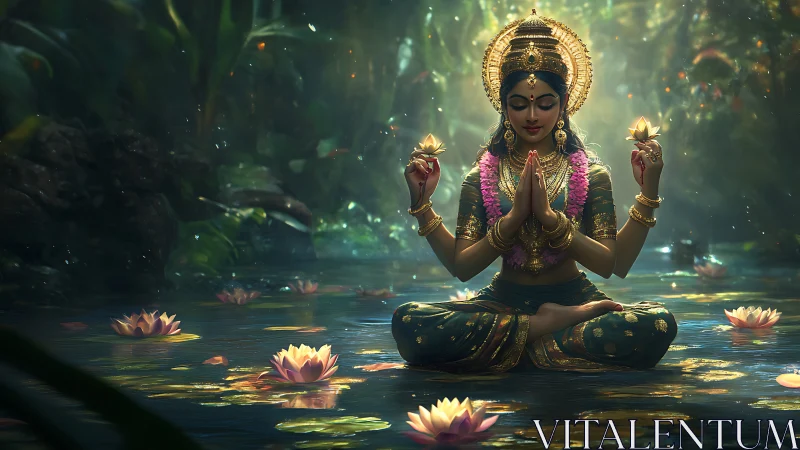 Four-armed figure meditating on lotus-filled forest pool.