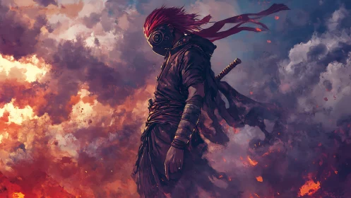 Masked warrior amid burning clouds in dramatic sunset sky.