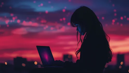 Midnight coder weaving galaxies on a rooftop laptop glow.