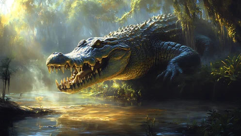 Giant crocodile emerging from misty jungle swamp water.