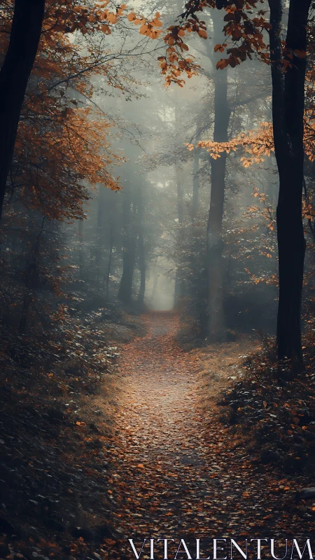 Misty Forest Path Through Autumn Woods.