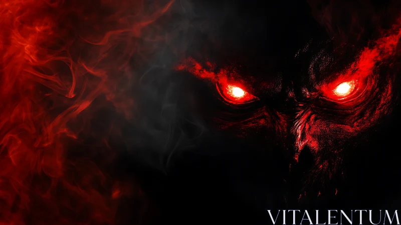 Red spectral face with luminous eyes in dense black void.