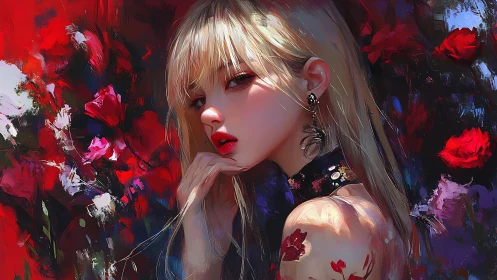 Blonde woman rendered in digital painting amid high-saturation florals
