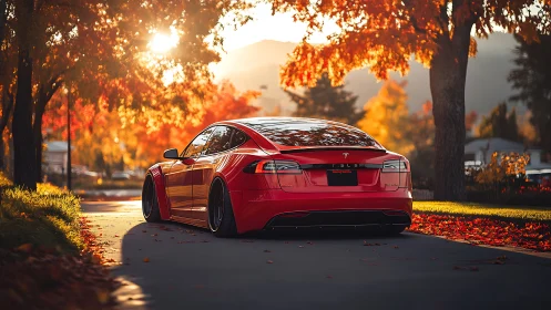 Electric red sedan glows against a vibrant autumn sunset.