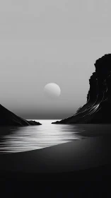 Monochrome sun over reflective water between dark cliffs