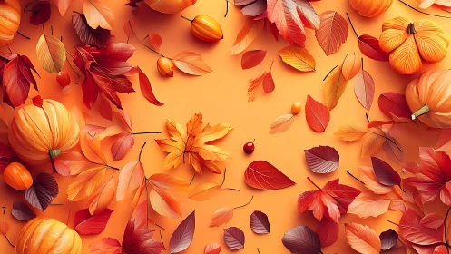 Autumn foliage and pumpkins arranged in high-saturation warm palette