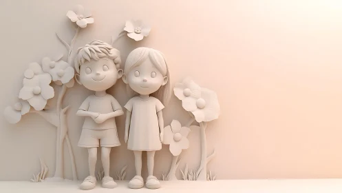 Ceramic Children and Flowers in Monochromatic Relief Sculpture