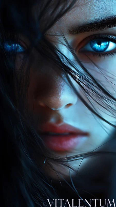 Close portrait captures glowing blue eyes behind dark hair