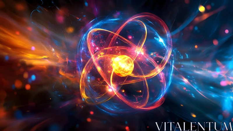 Glowing Atomic Structure in Vibrant Abstract Digital Art Style.